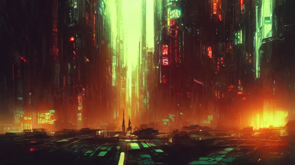 Image similar to streets of a cyberpunk city, blade runner, ghost in the shell, akira, sunset, gorgeous view, depth, rays of light, gorgeous view, robots, painted by seb mckinnon, high detail, digital art, painted by greg rutkowski, trending on artstation