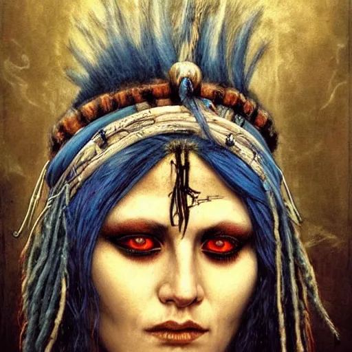 Image similar to A young blindfolded shaman woman with a decorated headband, in the style of heilung, blue hair dreadlocks and wood on her head., made by karol bak