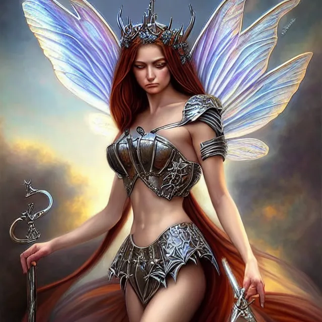 Image similar to beautiful!! adult armoured fairy queen artgerm anne stokes highly detailed 8 k hdr smooth sharp focus high resolution award - winning photo photorealistic