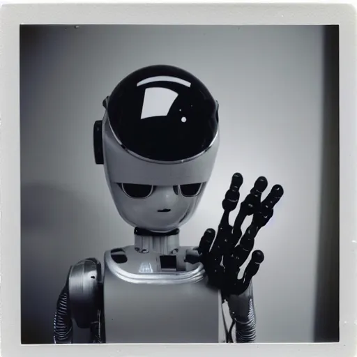 Image similar to close up portrait of a humanoid robot with a light bulb head and light is coming out of it, polaroid, photo taken in a back storage room