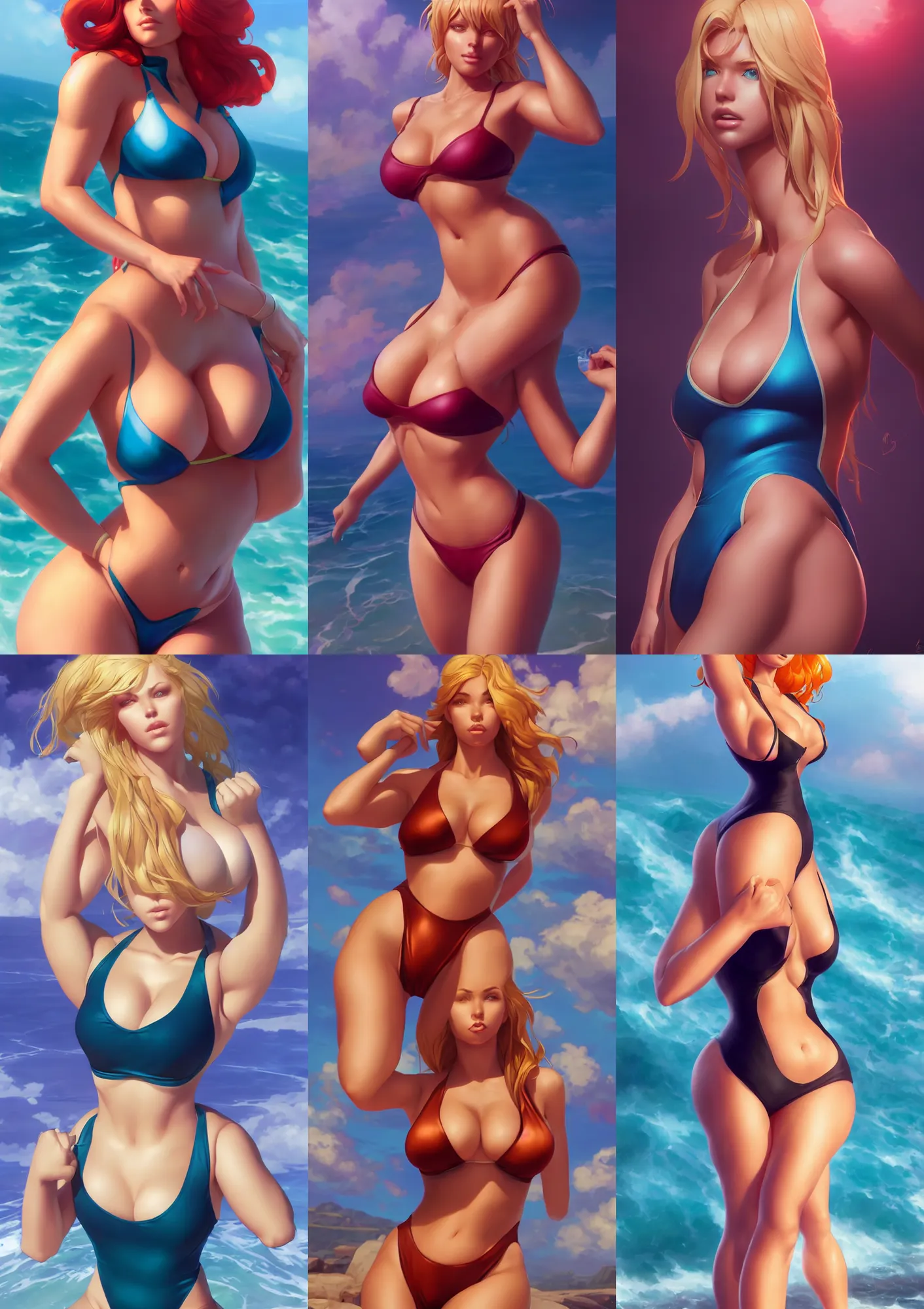 Prompt: beautiful wide angle portrait of a curvy, gorgeous swimsuit model who looks like Samus Aran, character design by charlie bowater, ross tran, artgerm, and makoto shinkai, detailed, soft lighting, rendered in octane
