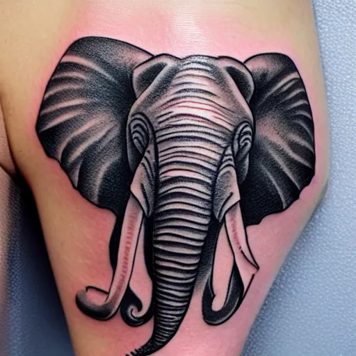 Prompt: tattoo of an elephant made out of spoons, black, blue gray, pink, and white ink, detailed, hyperrealistic trending on artstation