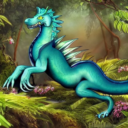 Prompt: A green, blue dragon with an elegant and long body and wolf like face, it has fur and leathery wings, sitting on a clearing in a flowery, jungle, detailed, mtg, realistic