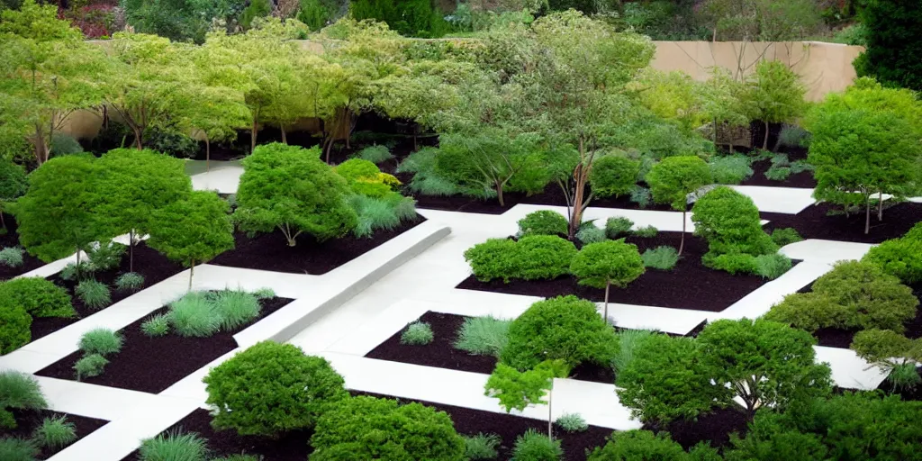 Image similar to overhead plans contemporary rectanguar minimal landscape garden, planting, tree, in the style of frank lloyd wright inspiration.