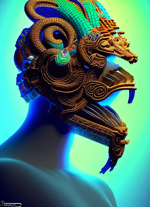 Prompt: 3 d mayan goddess profile portrait. beautiful intricate highly detailed quetzalcoatl helmet and feathers. low - key lighting, bioluminescent, plasma, lava, ice, water, wind, creature, thunderstorm! artwork by tooth wu and wlop and beeple and greg rutkowski, 8 k trending on artstation,