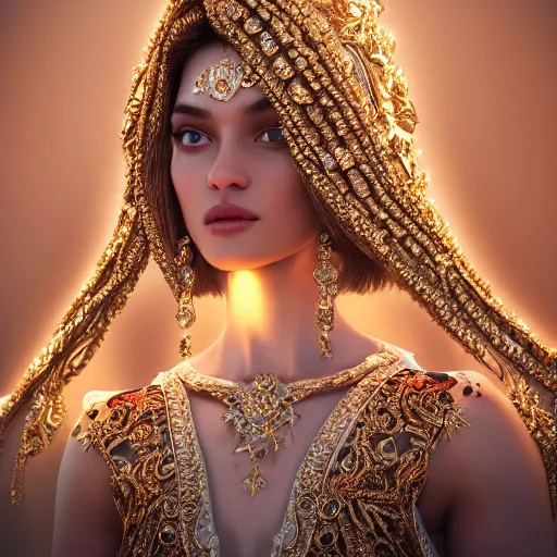 Image similar to portrait of pretty princess with perfect skin, glowing, ornate and intricate diamond jewelry, jaw dropping beauty, ornate and intricate backdrop, white accent lighting, hyper detailed, 4 k octane render