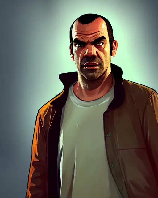 Image similar to painting portrait of trevor from gta 5, cartoon, warm lighting. movie poster, illustration by bartek fedyczak, erak note, tooth wu, neil richards, kan liu, siwoo kim, jisu choe, trending on art station