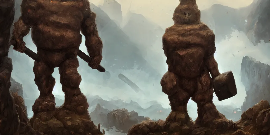 Image similar to a huge golem holding a huge hammer in the middle of a valley, wlop, concept art, digital painting, trending on artstation, highly detailed, epic composition, 8 k uhd