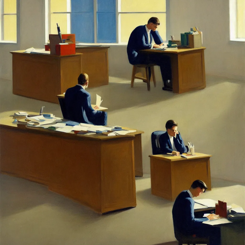 Image similar to painting of a man, sitting at his desk alone, in a huge office, in the style of edward hopper