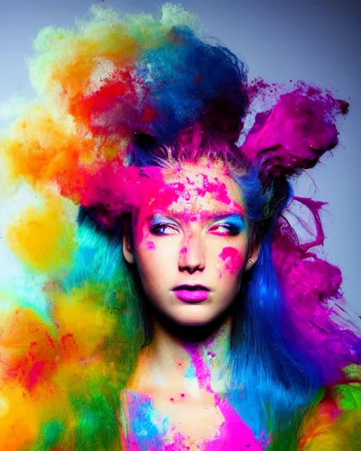 Prompt: a dramatic lighting photo of a beautiful young woman with cotton candy hair. paint splashes. with a little bit of cyan, red, yellow, pink