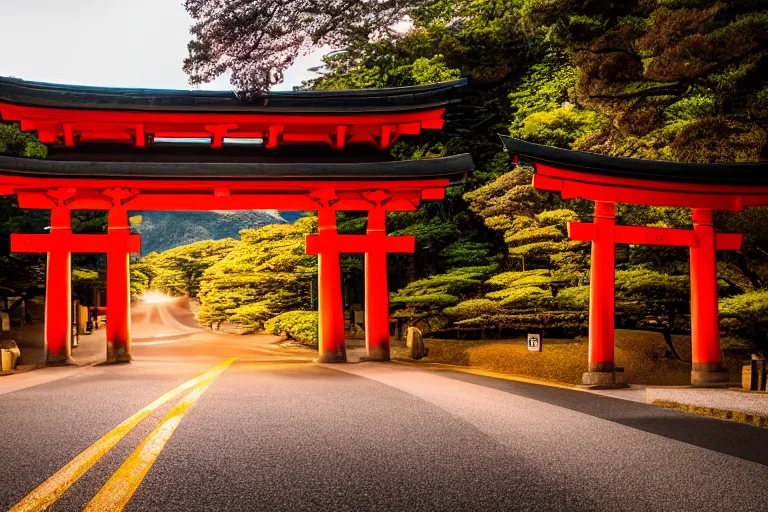 Image similar to A night photo of a school bus driving towards a Japanese Torii gate at Mount Fuji location in Japan, time travel, 4K, global illumination, ray tracing