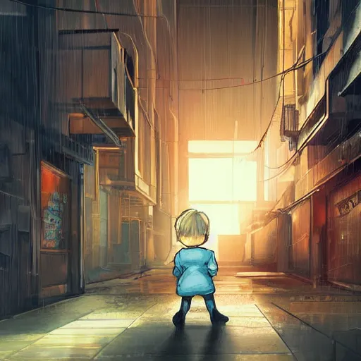 Image similar to a small blonde child staring up at a wall mural in an impoverished sci-fi cyberpunk tenement violent dirty alley, science fiction, illustration,