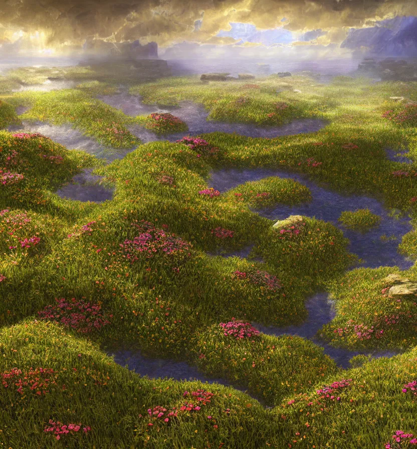 Prompt: detailed fractal tectonic landscape, in a vast wildflower garden landscape that meets the ocean, by glenn small, by albert bierstadt, photorealism, hyper realism, octane render, unreal engine, volumetric light, depth of field, volumetric clouds, god rays, lens flares, detailed, intricate, twin motion, megascan, high resolution, realistic render