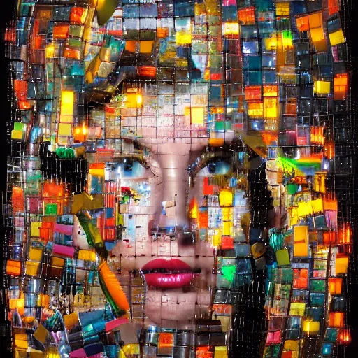 Image similar to woman cyborg, led display on forehead, mimmo rotella, alan bean, john chamberlain, peter kemp