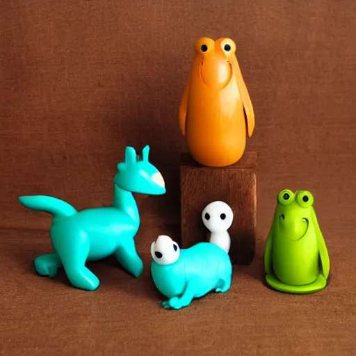 Image similar to some cute plastic toys that look like animal characters, forest colors