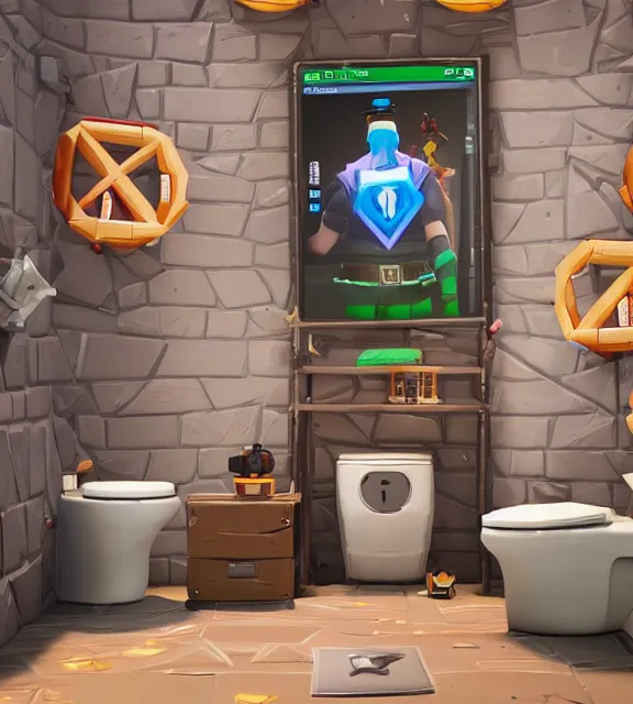 Image similar to a 4 k photorealistic photo of a fortnite themed toilet.