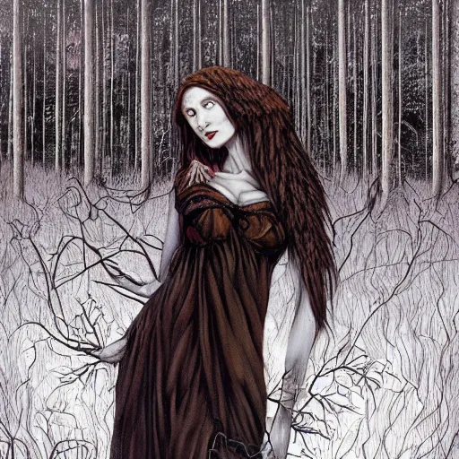 Image similar to an epic horrific wiccan gothic painting of a mother - nature witch cult woman wearing a deer skull, in a moonlit forest by gerald brom by junji ito by vanessa lemen by charlie bowater