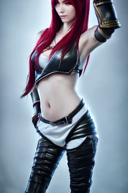 Prompt: Katarina from League of Legends, photorealistic full body, studio lighting, white ambient background, hyperrealistic, highly detailed, realistic