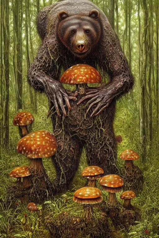 Image similar to a creepy, slimy swamp bear eating mushrooms that are growing out of its body. art by tomasz alen kopera and glenn fabry.