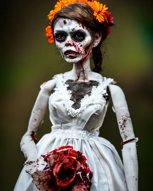 Image similar to a paper mache doll of a zombie bride, realistic, very detailed, complex, intricate, studio lighting, superres sharpening, bokeh, sigma 5 0 mm f 1. 4