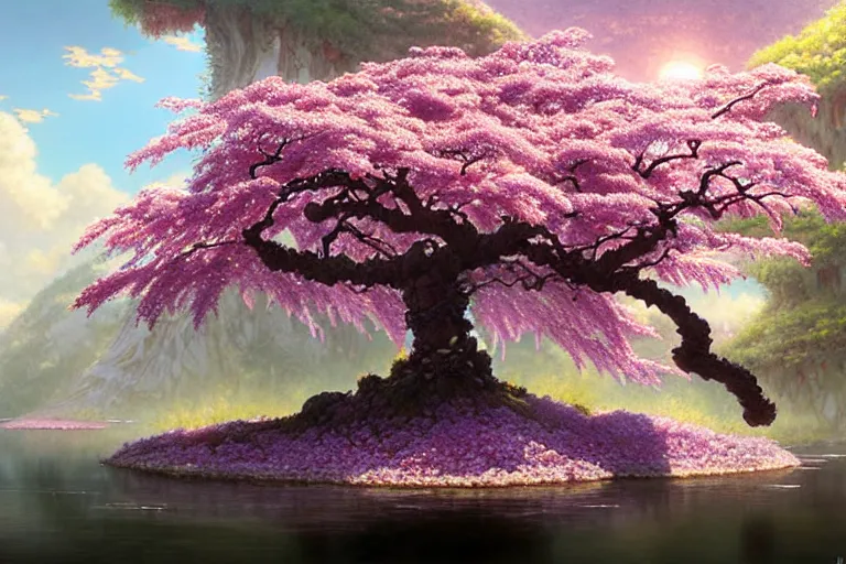 Image similar to highly detailed concept art of a sakura plum tree made with water, overgrowth, Artgerm, Ferdinand Knab, Makoto Shinkai