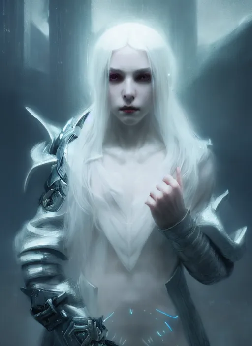 Prompt: a beautiful white haired princess, intricate concept art, ethereal, ominous, dramatic lighting, cyberpunk darksynth, ruan jia and zeronis and wlop