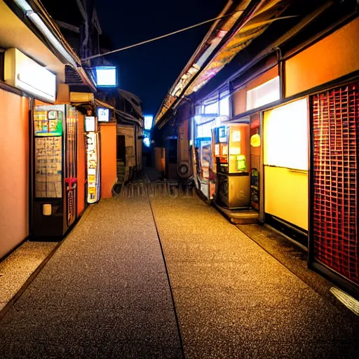Prompt: Japanese alleyway at night, with a vending machine and powerlines hanging above. Professional quality photograph