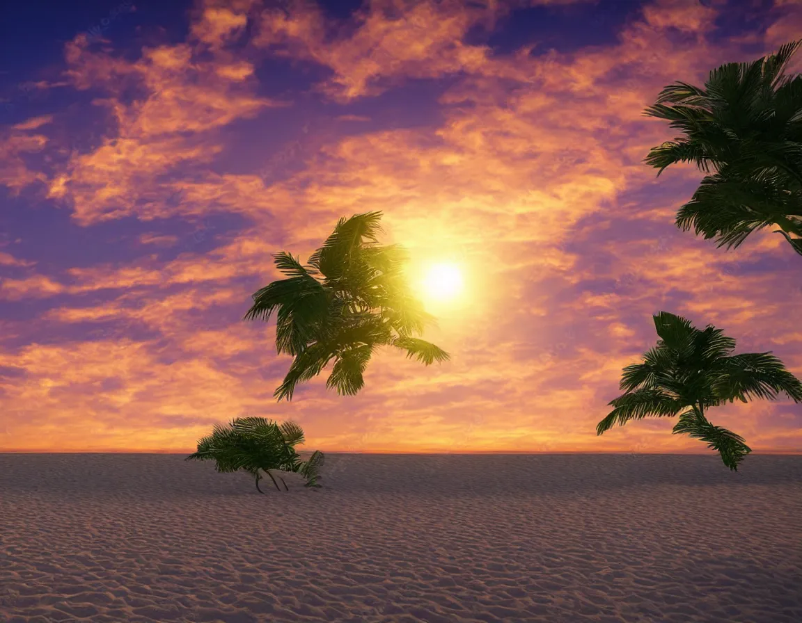 Prompt: 3 d rendering o photorealistic flying sandy beach flat planet with one exotic palm tree, sunset lighting