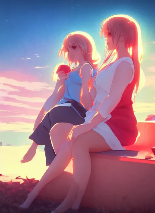 Image similar to two beautiful mothers sitting on a hot summer evening, gorgeous faces, thick lines, cinematic lighting, detailed anime art