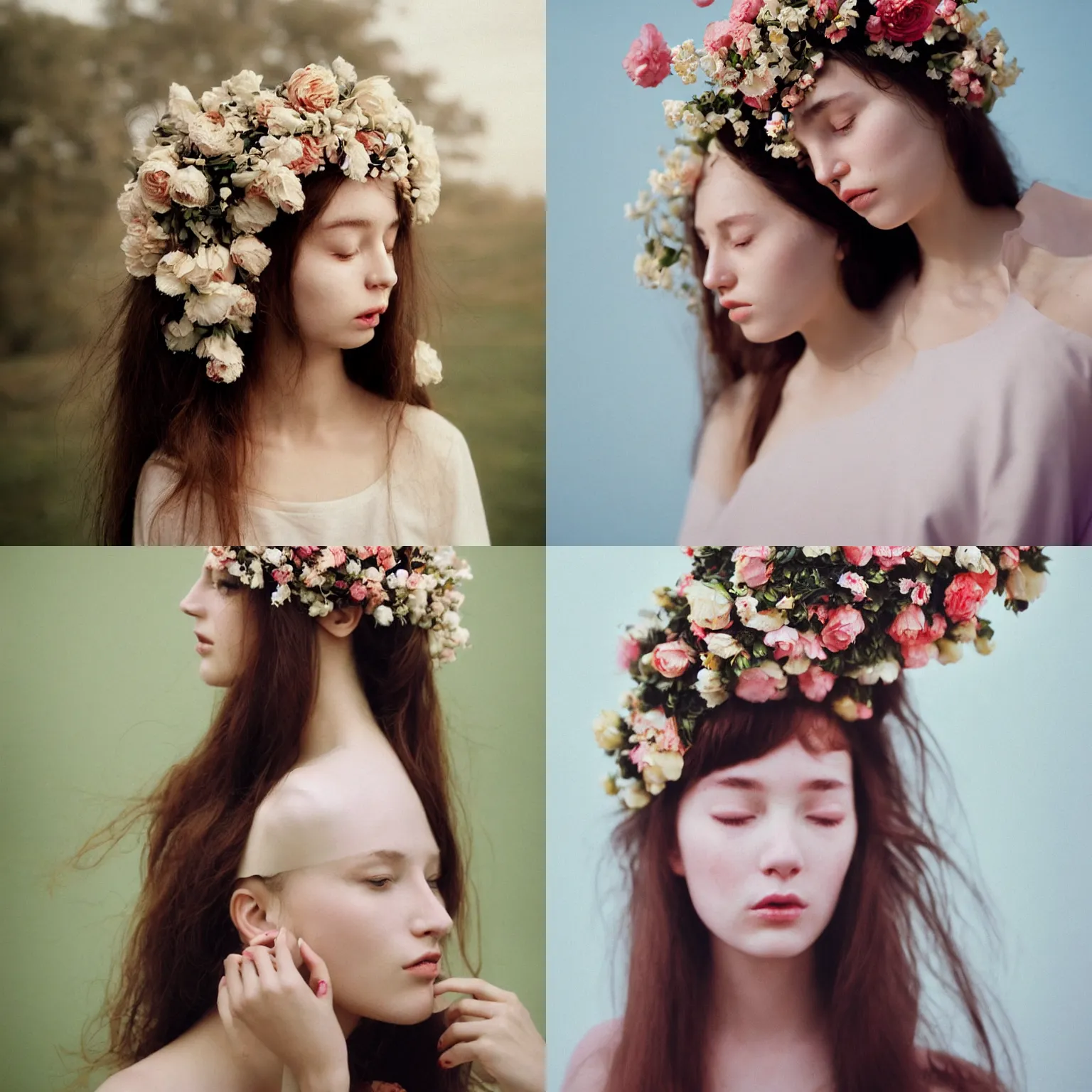 Prompt: An analog head and shoulder frontal face photography of woman wearing a big!!!!! oversize!! floral headpiece crown by Oleg Oprisco. Vogue. Long hair. closed eyes. Kodak Portra 800 film. Depth of field. whirl bokeh. Sunshine. detailed. hq. realistic. warm light. muted colors. Moody. Filmic. Dreamy. lens flare. Leica M9, f/1.2, symmetrical balance, in-frame