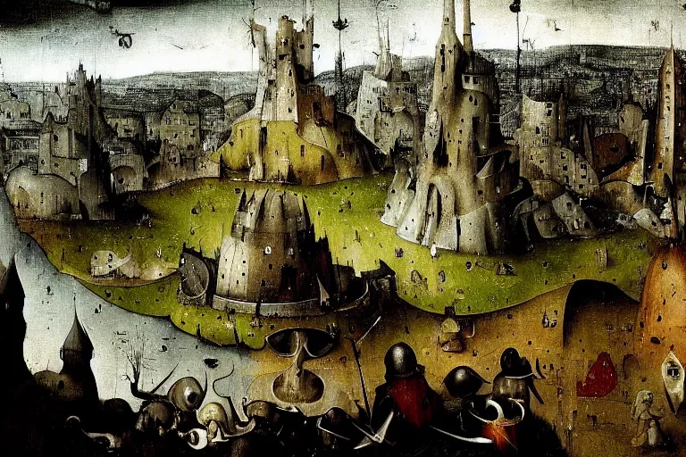 Prompt: dark souls landscape painted by hieronymus bosch