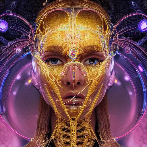 Prompt: very beautiful woman integrating with technology, full face frontal centered, portrait, insipiring, detailed intricate ornate neon pulsating cables connected to head, enormous eyes, luxurious detailed abundent wiring and implants, gold, renaissance, sci - fi, detailed technology background with cyber flowers and insects, dramatic lighting, photography, highly detailed, artstation, 8 k,