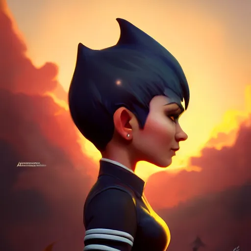 Image similar to a Photorealistic dramatic hyperrealistic gnome woman engineer, pixie undercut short black hair, naval background, by WLOP,Artgerm,Greg Rutkowski, Beautiful dynamic dramatic bright sunset lighting,shadows,cinematic atmosphere,Artstation,concept design art,Octane render,8k