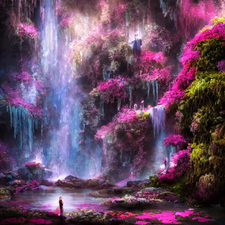 Image similar to oil painting, rich deep colors masterpiece, waterfall, night lights, gray, pink, ultra detailed, beautiful fantasy cave scene, waitomo glowworm caves, contrast, neon drops, neon stones, alone redheaded flower girl and dress made of fresh flowers, volumetric light, atmospheric lighting, dramatic, cinematic, moody, octane render 4 k, 8 k