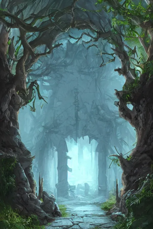 Prompt: dungeon Entrance in a forest, Artstation
