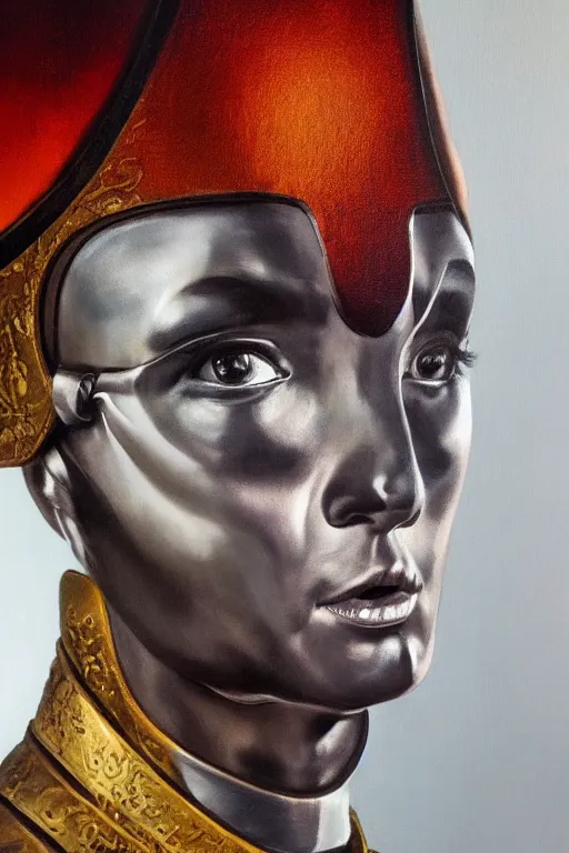 Image similar to hyperrealism oil painting, close-up portrait of medieval euopean fashion model, knight, steel gradient mixed with fire sky, in style of baroque mixed with 70s japan book art