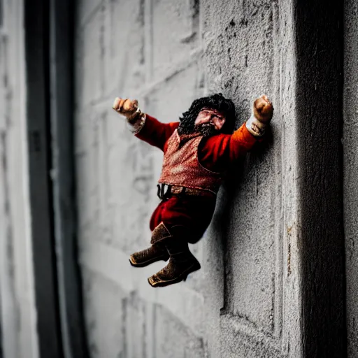 Image similar to close up portrait of dwarf jumping from window, photography realistic detailed, 5 0 mm lens,
