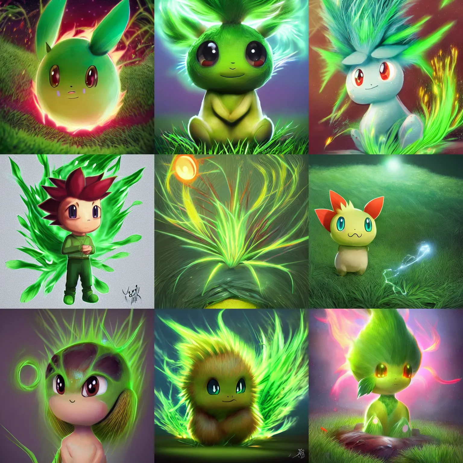 Prompt: a cute little grass type pokemon, green fire bursting out of his hair, highly detailed digital art, 3 d perspective, award - winning illustration, aesthetic, smooth, pokemon style, made by yuka morii and aaron blaise