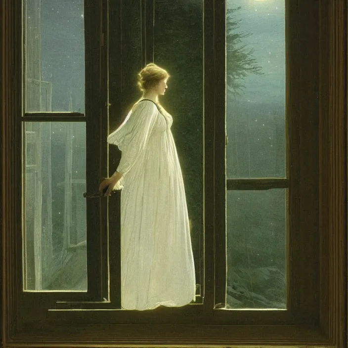 Prompt: painting of a broken window with a beautiful white woman on the outside by caspar david friedrich, at night