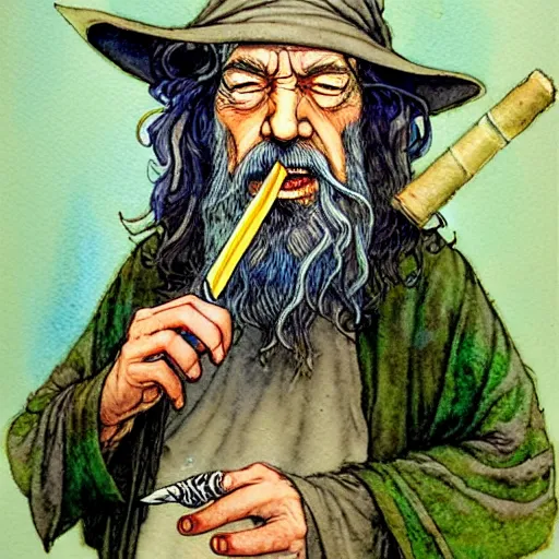 Prompt: a realistic and atmospheric watercolour fantasy character concept art portrait of gandalf with pink eyes looking happy and confused and smoking weed out of his pipe with a pot leaf nearby, by rebecca guay, michael kaluta, charles vess and jean moebius giraud