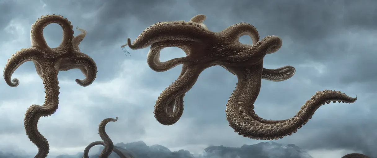 Prompt: a giant octopus tentacl hanging from the clouds over a rain forest, still from the movie the arrival, 8k