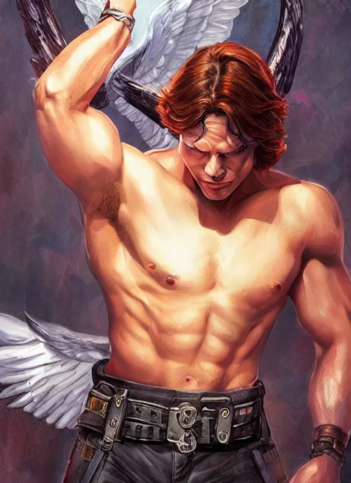 Image similar to handsome Sam Winchester as a muscular angel handcuffed, urban fantasy romance book cover, D&D!, fantasy style, sharp focus!, ultra detailed, art by Artgerm and Peter Andrew Jones, WLUP