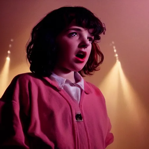 Image similar to stranger things scene featuring a young kate bush, dramatic lighting, cinematic