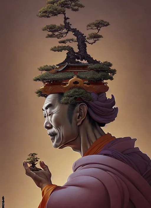 Image similar to shinto monk with a bonsai growing out of his head, intricate, rim light, octane render, by jesper ejsing, james jean, justin gerard, tomasz alen kopera, cgsociety and fenghua zhong, highly detailed, art, cinematic lighting, very coherent, hyper realism, high detail, 8 k