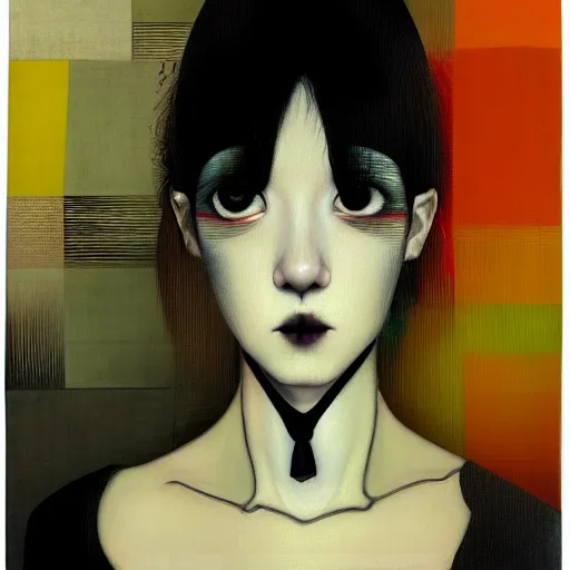 Image similar to yoshitaka amano blurred and dreamy minimalistic oil portrait of a young woman with black lipstick and black eyes wearing dress suit with tie, junji ito abstract patterns in the background, satoshi kon anime, noisy film grain effect, highly detailed, renaissance oil painting, wide brush strokes, weird portrait angle, blurred lost edges