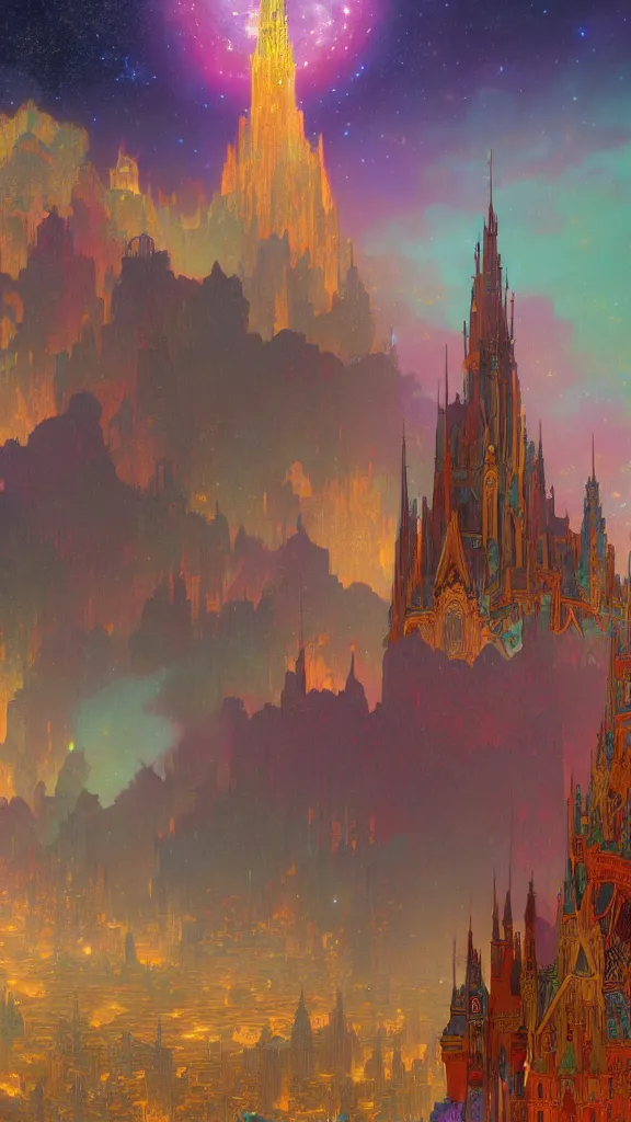 Image similar to a beautiful highly detailed matte painting of colorful castle nebulas by moebius, alphonse mucha, stars in the background, highly detailed, intricate design, 8 k resolution, octane render, trending on artstation and cgsociety