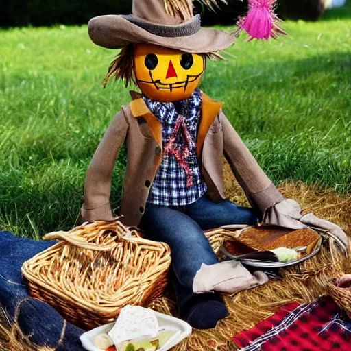 Prompt: scarecrow has a picnic, extremely photorealistic