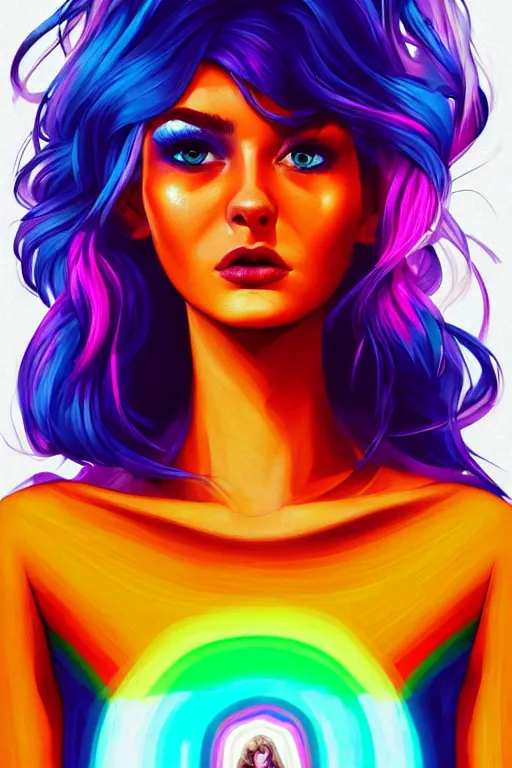 Image similar to a award winning portrait of a beautiful woman with stunning eyes in a one off shoulder croptop and cargo pants with rainbow colored hair, outlined by whirling illuminated neon lines and fine lines swirling in circles by rhads, digital art, trending on artstation