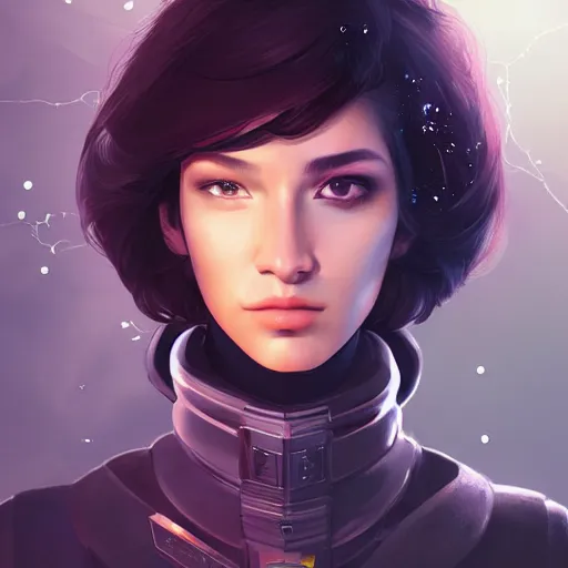 Prompt: portrait of a beautiful dark - haired androgynous space ranger, soft lightning, high detailed, intricate, elegant, smooth, sharp focus, cyberpunk, high contrast, artstation, art by valentina remenar and sora kim,