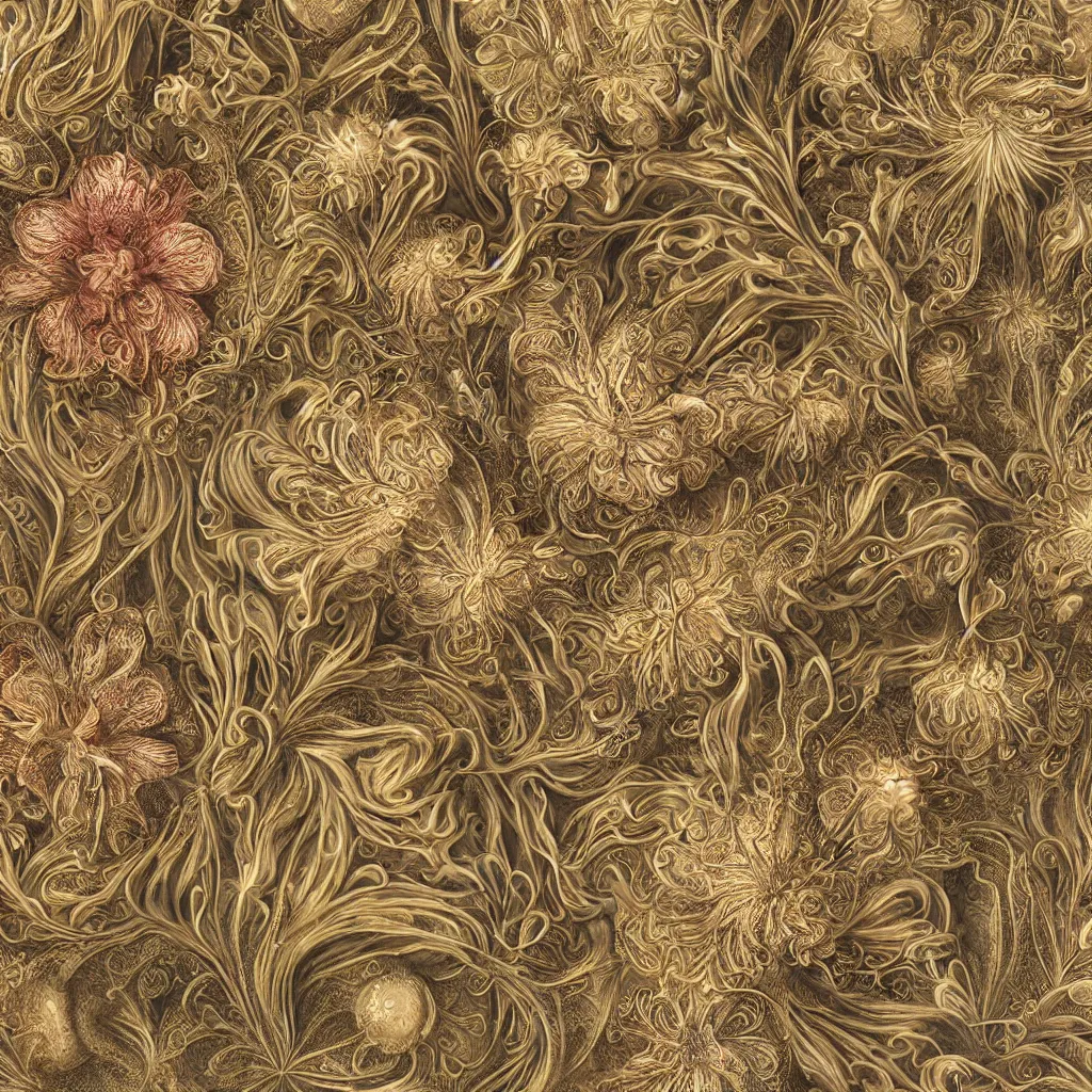 Image similar to complex flower by ernst haeckel! and mary jane ansell, closeup, fractal engravings,, realistic cinema 4 d render, beach sand background, clear focus, very coherent, very detailed